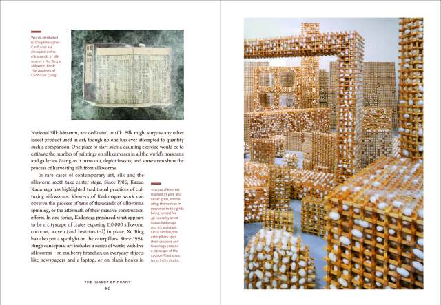 Interior pages of The Insect Epiphany, these pages show contemporary art made in collaboration with silkworms